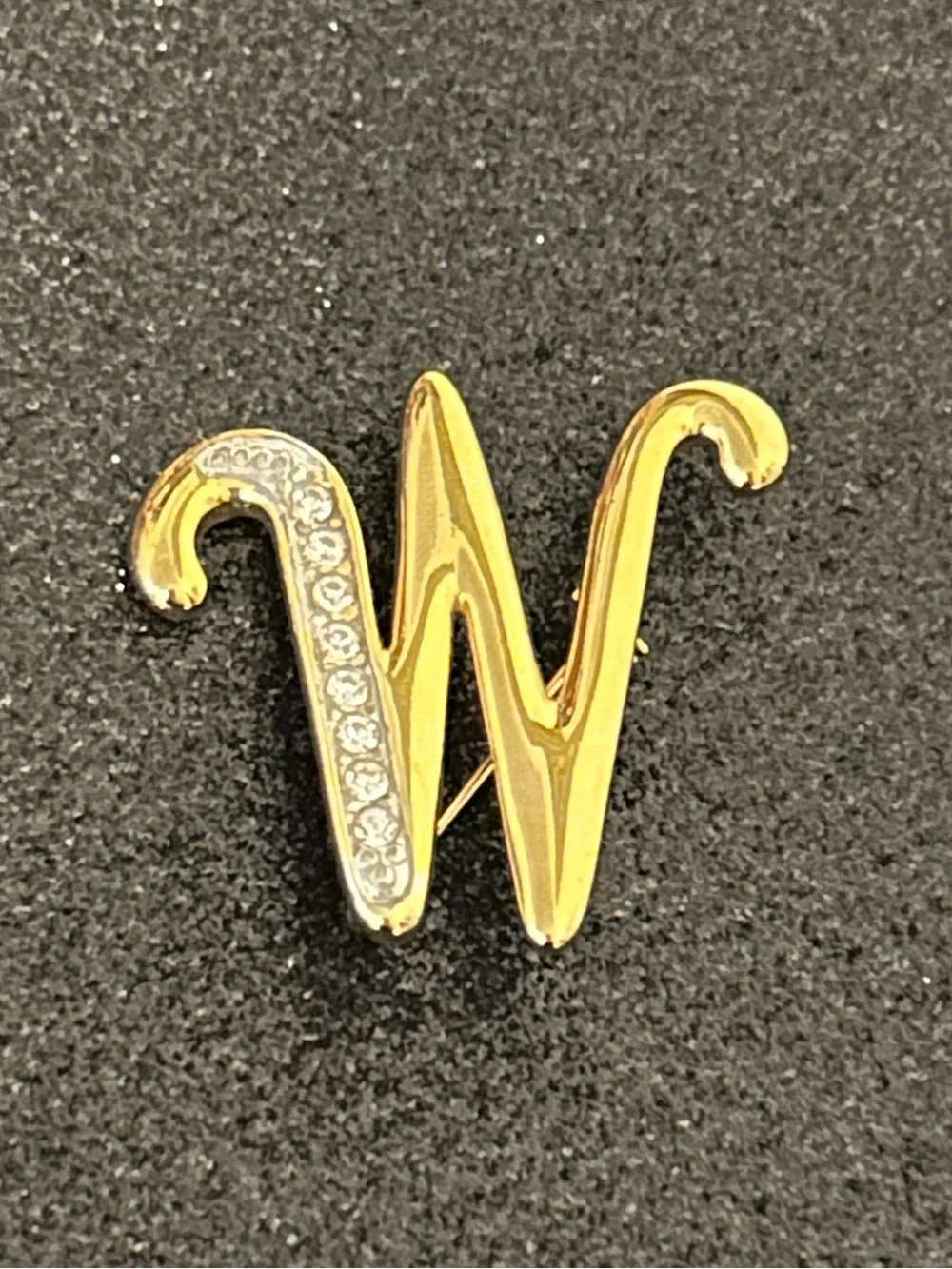 Initial Brooch Rhinestone: Gold Tone Cursive Letter M or W Brooch Pin Bag Pin